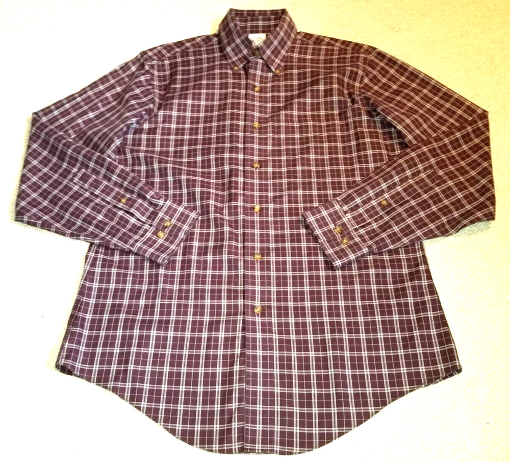 Mens Shirt-BROOKS BROTHERS 1818-maroon/wht plaid cotton "Slim Fit; Non-Iron"-M